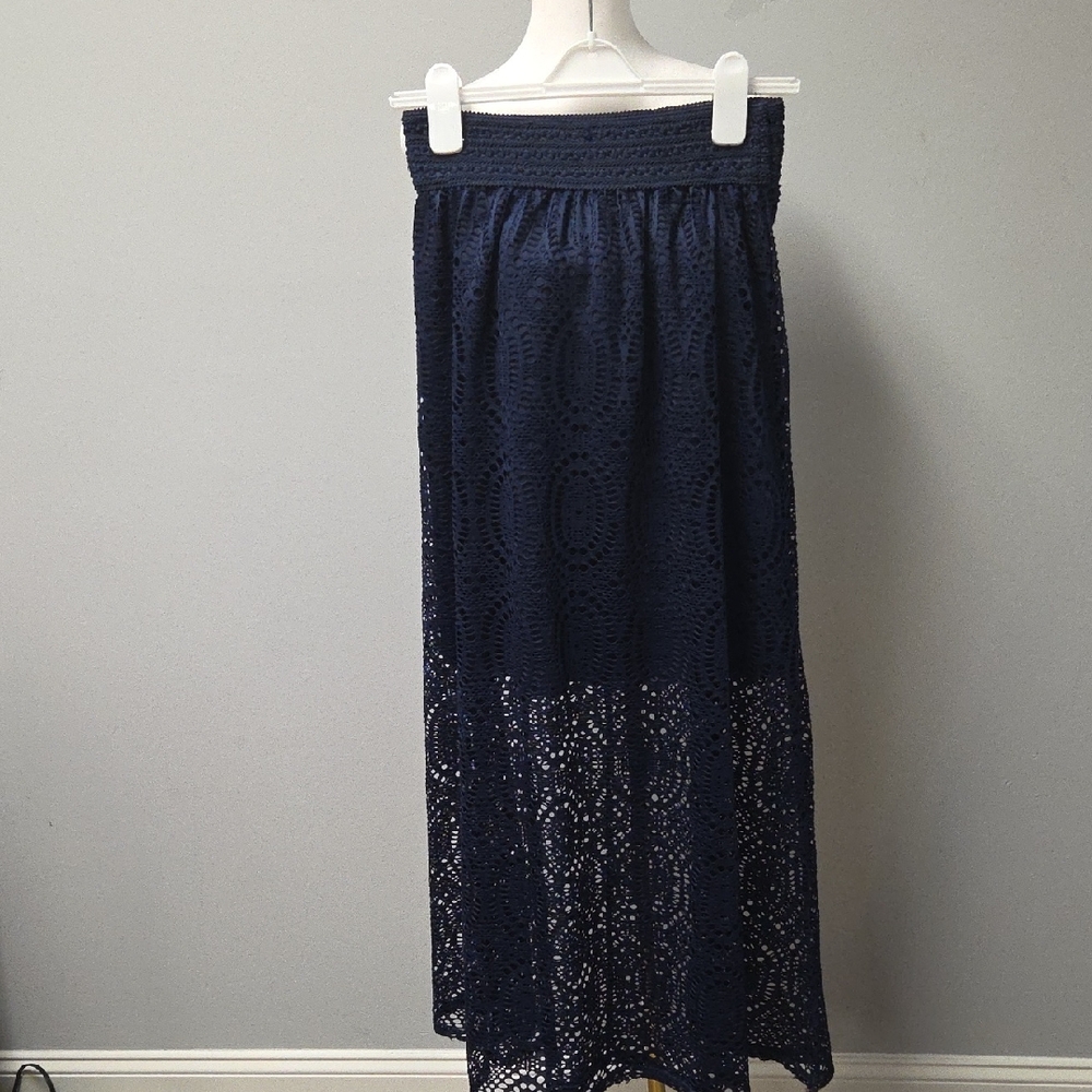 Blue Maxi Skirt with Smocked Waist and Slit